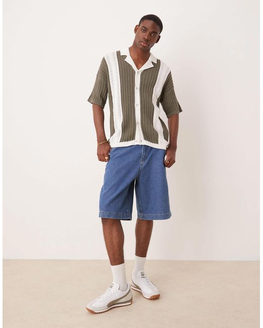 ASOS Natural Relaxed Knitted Revere Neck Button Through Crochet Polo for men