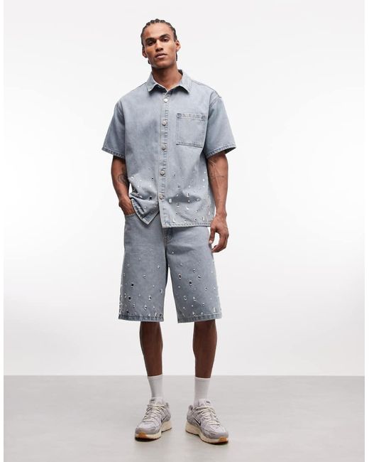 Liquor N Poker Blue Rhinestone Embellished Denim Jorts Co-ord for men