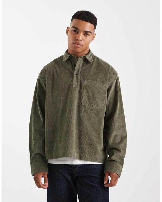 ASOS Green Boxy Oversized Cord Rugby Shirt for men