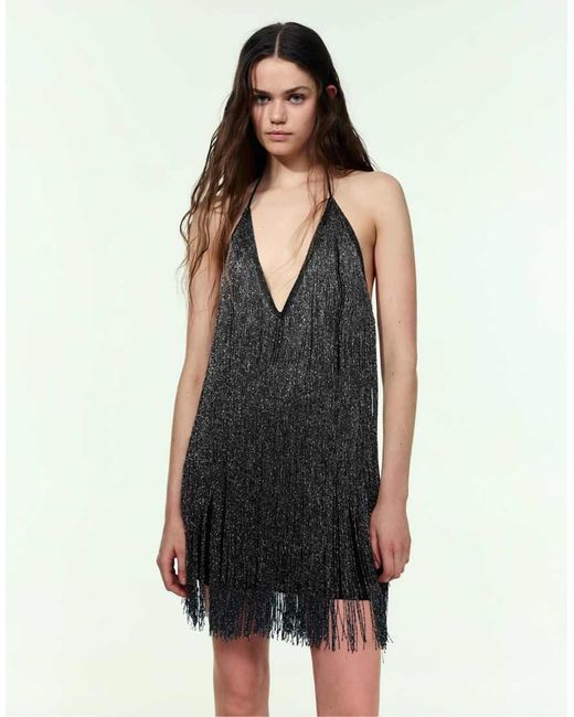 Pull&Bear Black Short Halter Dress With Fringes