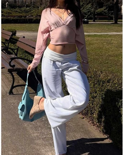 Bershka White Tall Turn-Up Waist Trousers