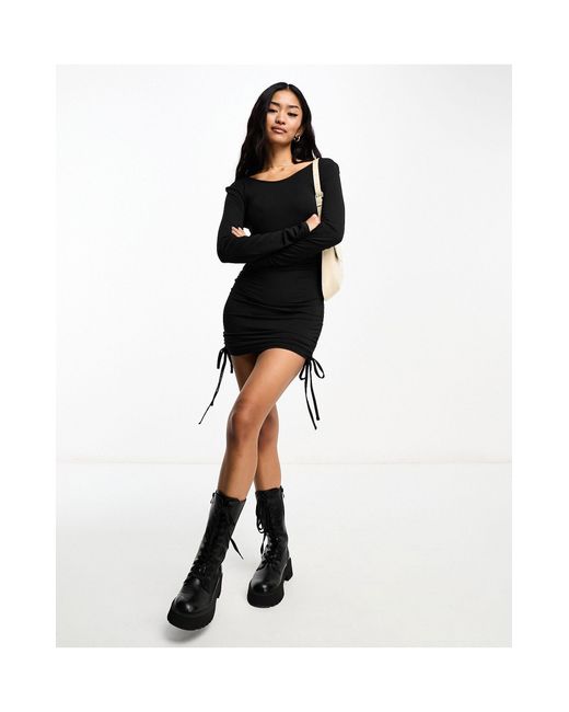 Pieces Black Long Sleeve Mini Dress With Ruched Sides