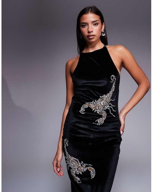 ASOS Blue Velvet Midi Dress With Scorpion Embellishment