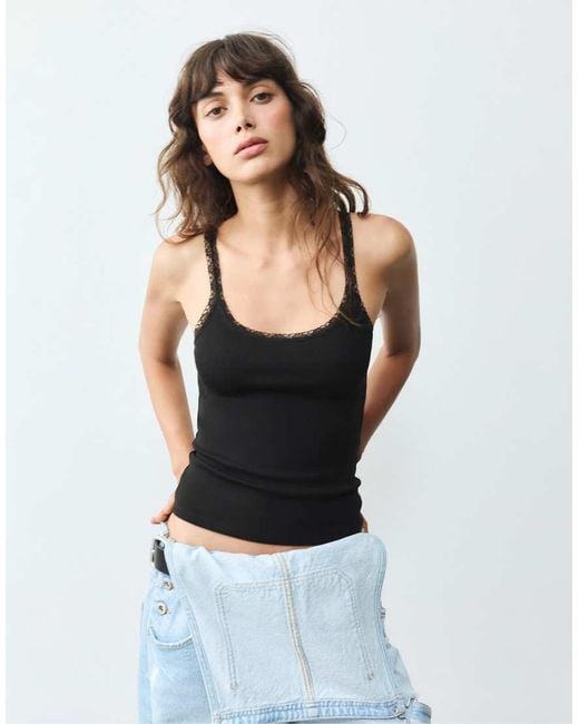 Pull&Bear Black Lace-trim Tank Top