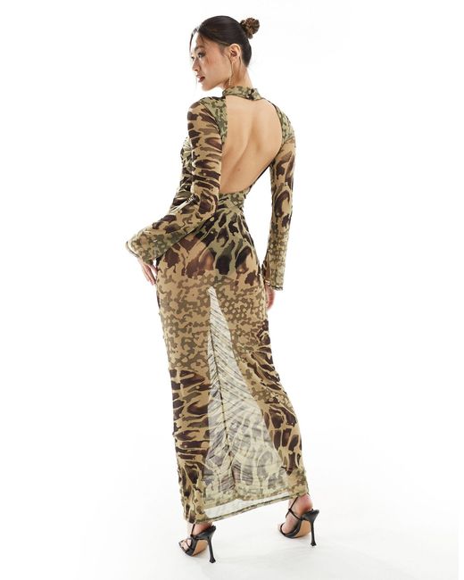 Robe longue en tulle à manches longue et body - imprimé léopard ASOS en coloris Metallic