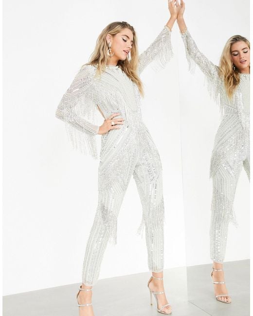 ASOS Sequin And Pearl Jumpsuit With Fringing in Gray | Lyst