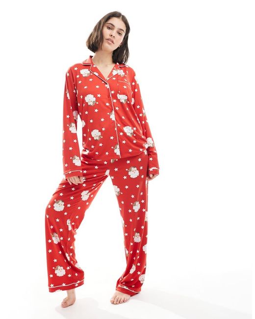 Loungeable Red Christmas Super Soft Jersey Revere Top And Wide Leg Pyjama Set