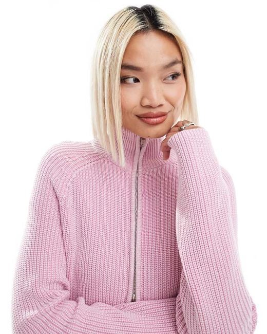Monki Pink Ribbed Knitted Two Way Zip Cardigan