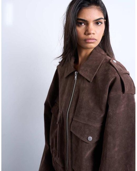 TOPSHOP Red Faux Suede Bomber Jacket With Popper Details