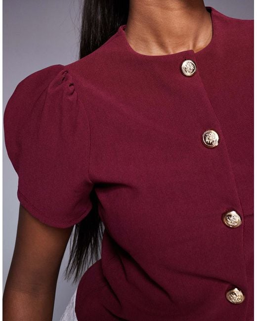 ASOS Red Ribbed Puff Sleeve Structu Button Through Top