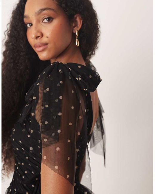 LACE & BEADS Black Bow Shoulder Tiered Tulle Maxi Dress
