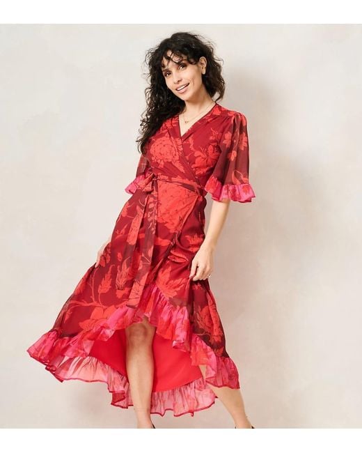 Hope & Ivy Red The Celestine Petite Contrast Frill Maxi Wrap Dress With Tie Waist