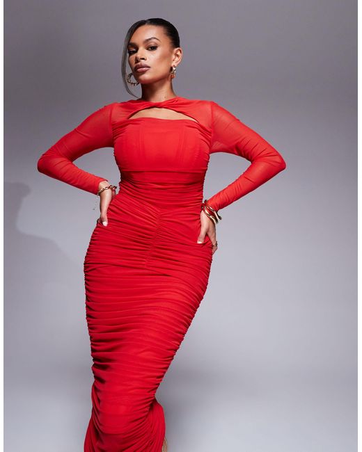 Taideux Red Fuller Bust Genevieve Ruched Mesh Corset Midaxi Dress