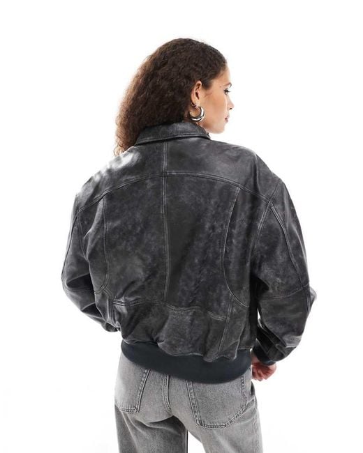 Urbancode Gray Distressed Leather Bomber Jacket