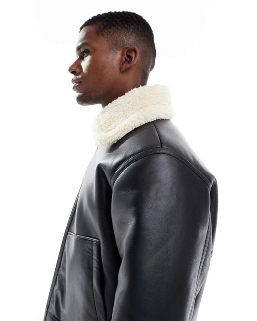 Jack & Jones Black Faux Leather Aviator Jacket for men