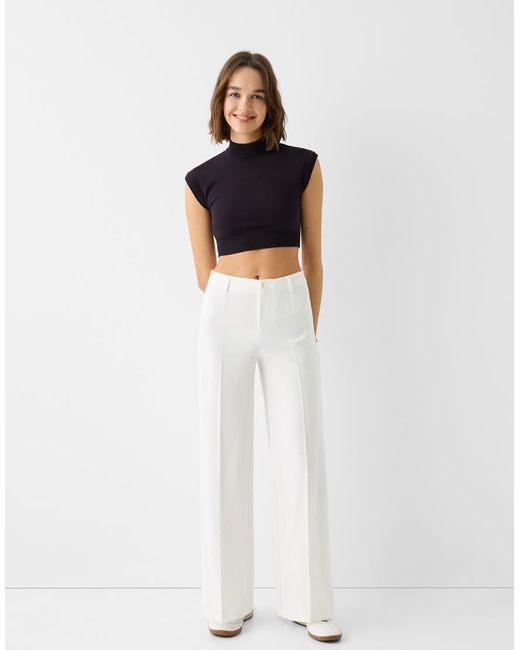 Bershka White Wide-Leg Tailoring Trousers