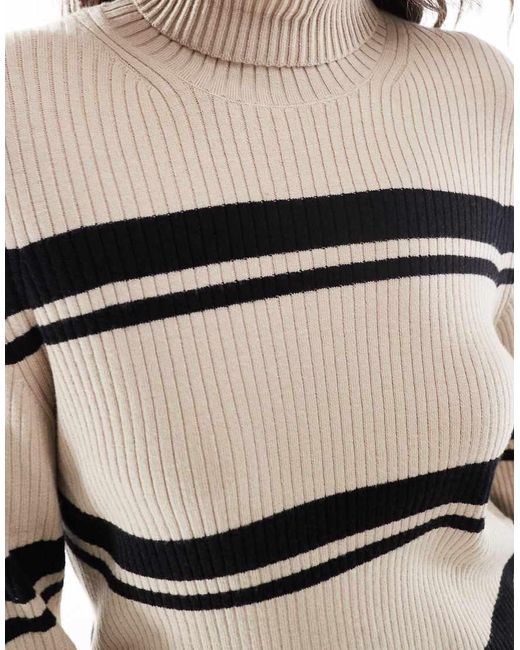 Pieces Natural Striped Roll Neck Top