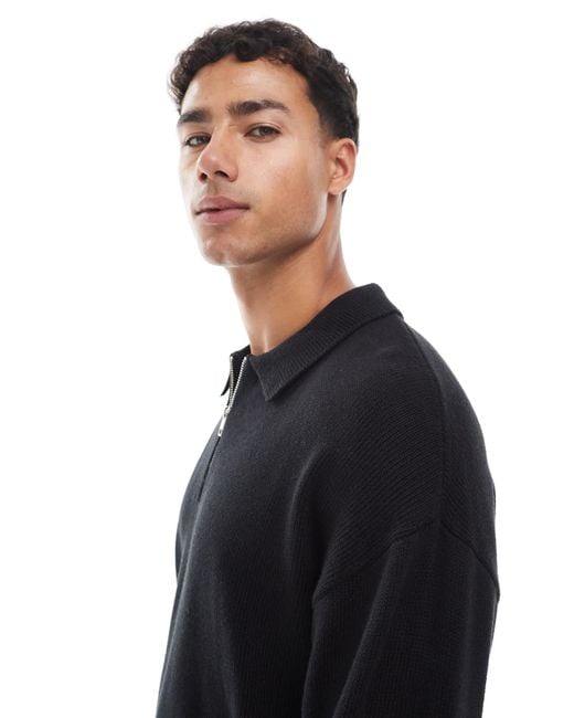 Jack & Jones Blue Oversize Quarter Zip Knitted Polo for men