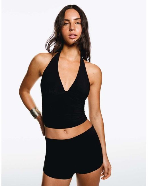 Bershka Black Gathered Halter Top