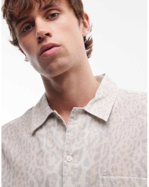 AllSaints Multicolor Cruz Leo Short Sleeve Linen Blend Leopard Print Shirt for men