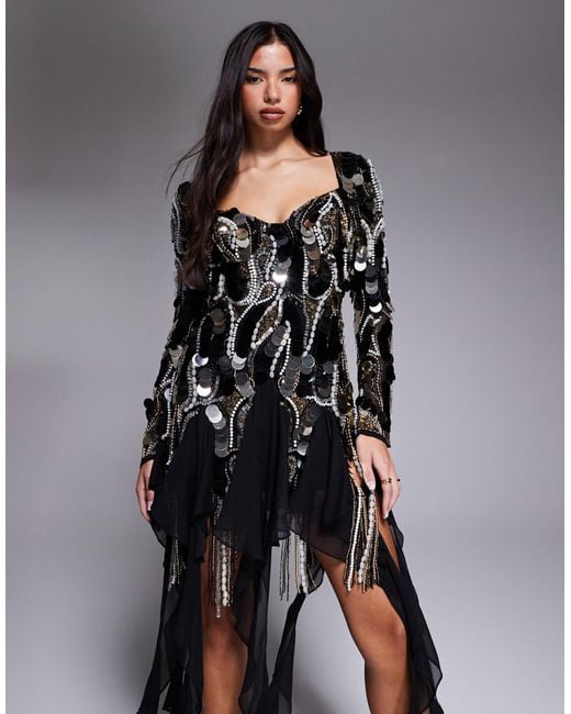 ASOS Black Embellished Chiffon Trim Mini Dress