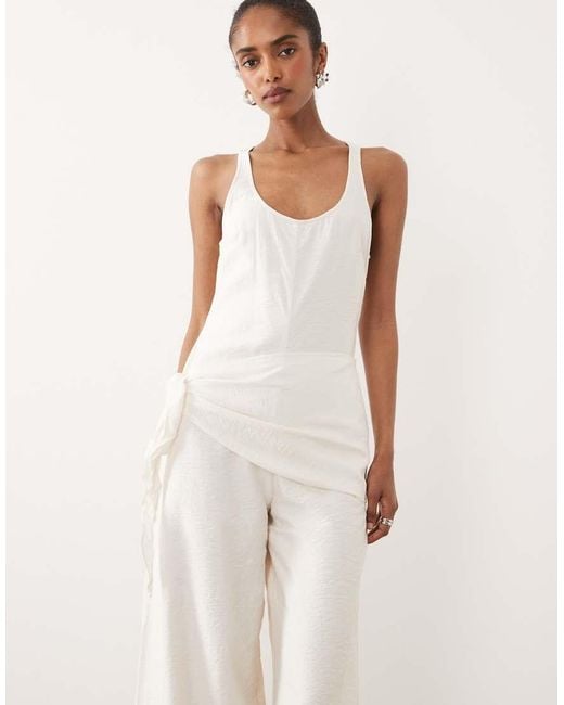 ASOS Natural Satin Crinkle Jumpsuit With Scarf Waist Detail