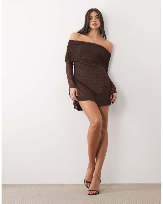 ASOS Brown Flocked Polka Dot Mini Bardot Off Shoulder Dress With exaggerated Flute Sleeve