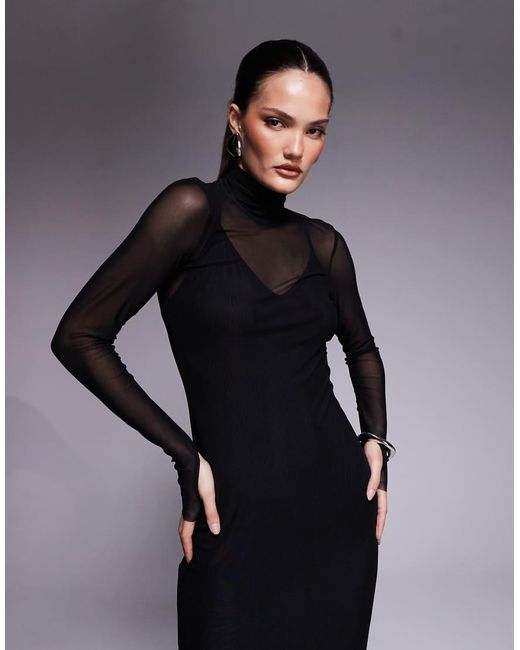 Vestido Midi Con Cuello Alto De Malla Shailene De AFRM de color Black
