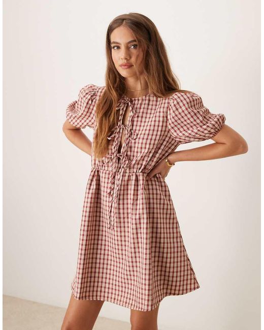 Glamorous Pink Smock Dress With Puff Sleeves And Tie Front