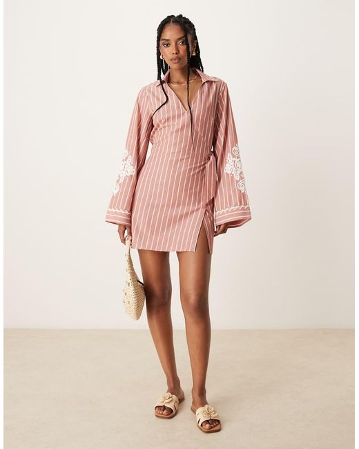 ASOS Pink Embroidered Wrap Shirt Mini Dress With Wide Cuff