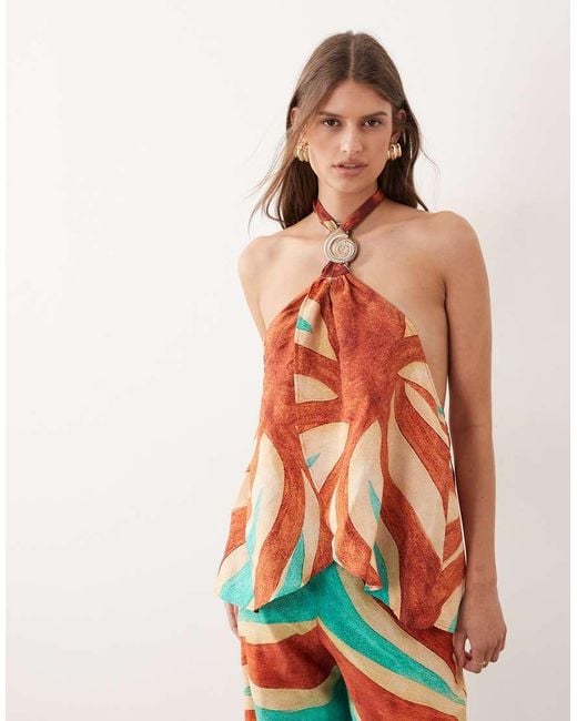 River Island Orange Swirl Print Halterneck Top