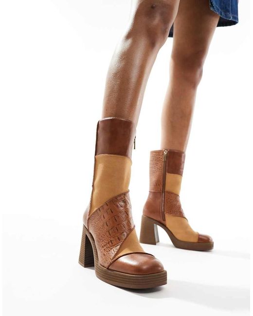 Bershka Brown Patwork Heeled Boots