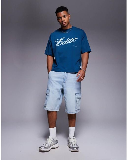 Camiseta Azul De Corte Cuadrado Extragrande Con Estampado Gráfico De Texto De ASOS de hombre de color Blue