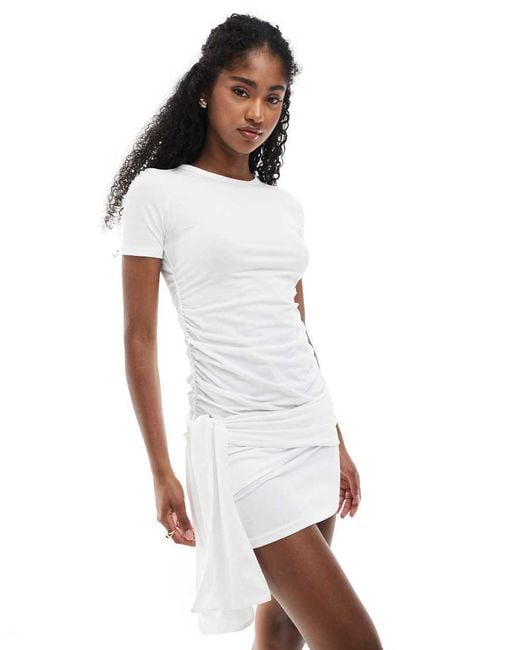 Monki White Short Sleeve Ruched Mini Dress With Drape Detail
