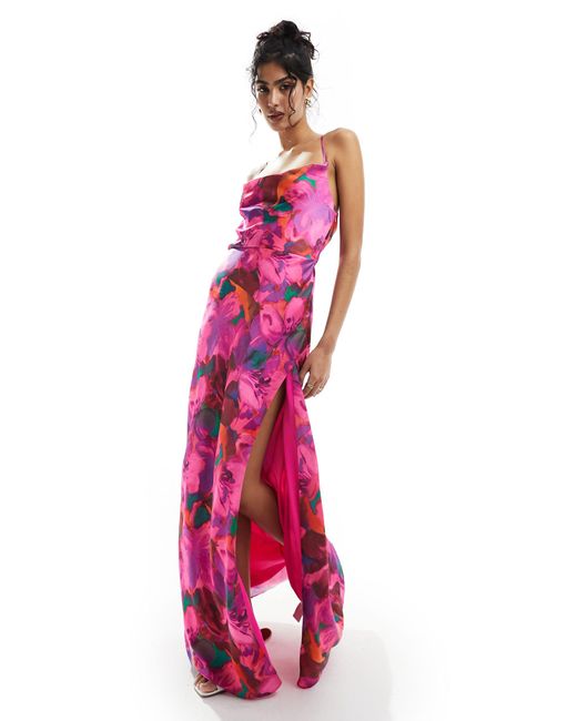 Hope & Ivy Pink Satin Cami Maxi Dress With Thigh Spit