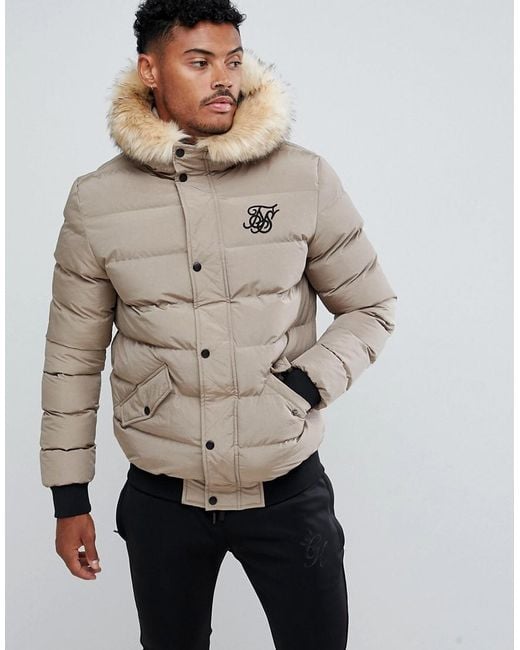 Siksilk Natural Puffer Jacket With Faux Fur Hood In Beige for men