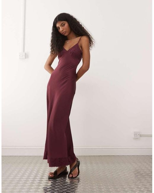 Reclaimed Vintage Pink Maxi Cami Satin Slip Dress With Lace Trims