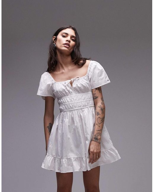 Robe mi-longue froncée en popeline - écru Tommy Hilfiger en coloris Gray