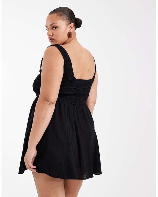 ASOS Black Asos Design Curve Selina Beach Textured Cotton Shirred Mini Sundress