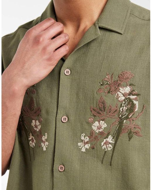 ASOS Green Oversized Boxy Shirt With Floral Chest Embroidery for men