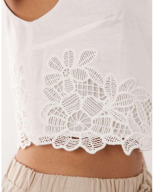 Mango Natural Sleeveless Crop Top With Embroidered Detail Trim