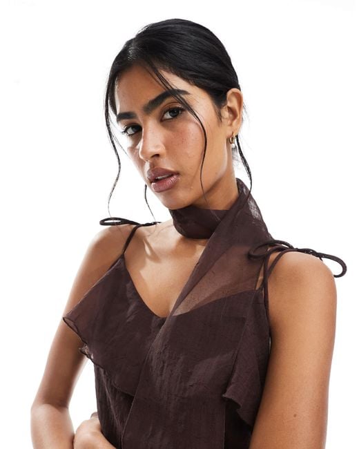 Vero Moda Brown Chiffon Asymmetric Hem Ruffle Dress With Scarf Detail