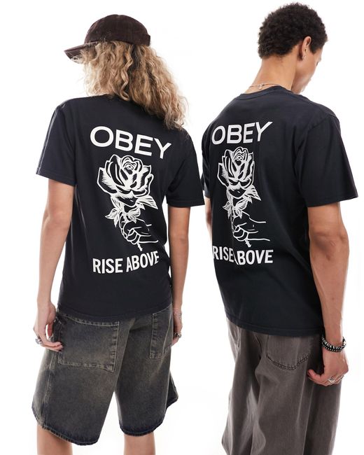 Obey Black Unisex Pigment Dye Rose Graphic T-shirt
