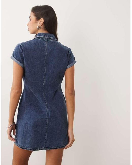 GOOD AMERICAN Blue Button Through Mini Dress With Turn-Up Sleeves
