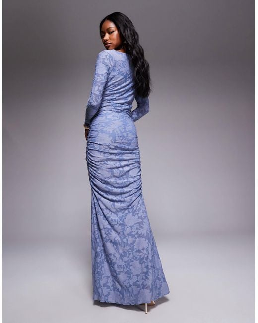 ASOS Blue Devore Long Sleeve Ruched Maxi Dress