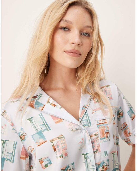 Abercrombie & Fitch White – schlafoberteil mit knopfleiste und postkarten-muster, kombiteil