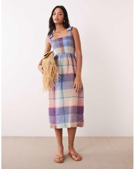 Barbour Pink Amelie Linen Shirred Tartan Frill Midi Dress