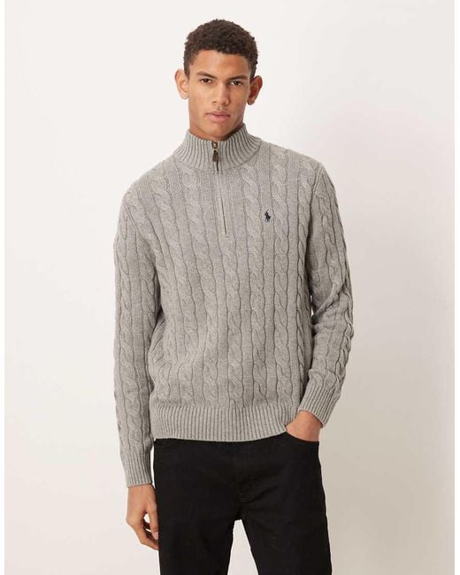 Polo Ralph Lauren Gray Driver Icon Logo Cotton Cable Half Zip Knit Jumper for men