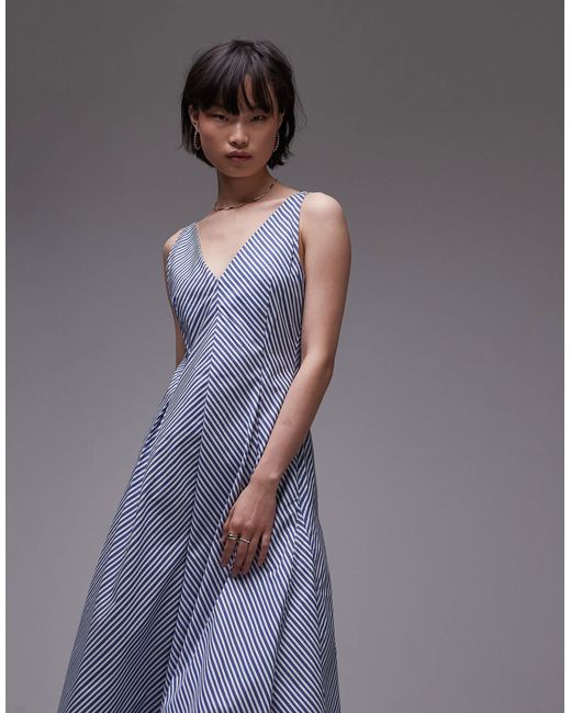 Mango Gray – midikleid aus baumwolle mit en streifen und v-ausschnitt