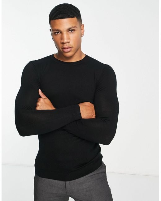 ASOS Muscle Fit Merino Wool Sweater in Black for Men Lyst
